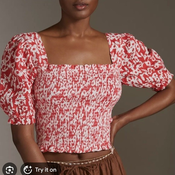 Anthropologie Tops - Anthropologie NWT Red White Floral Smocked Eyelet Puff Sleeve Crop Top- XS